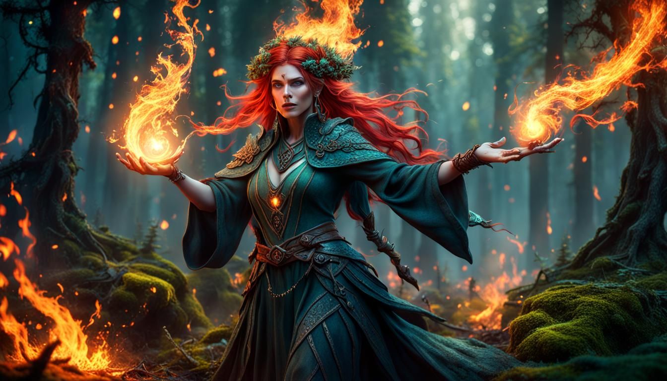 Druidic Sorceress Casting Spell in Magical Forest