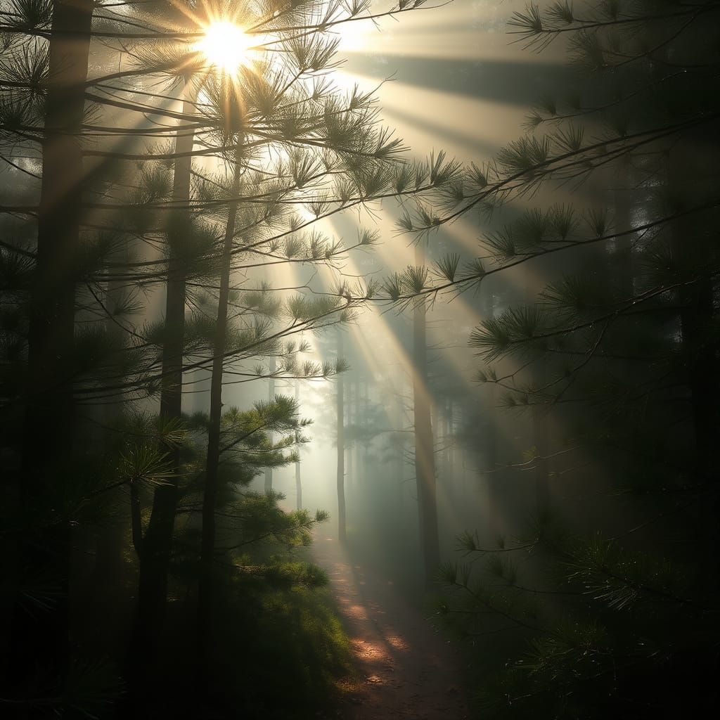 Misty Pine Forest Sunrise: Hyper-Detailed Natural Realism
