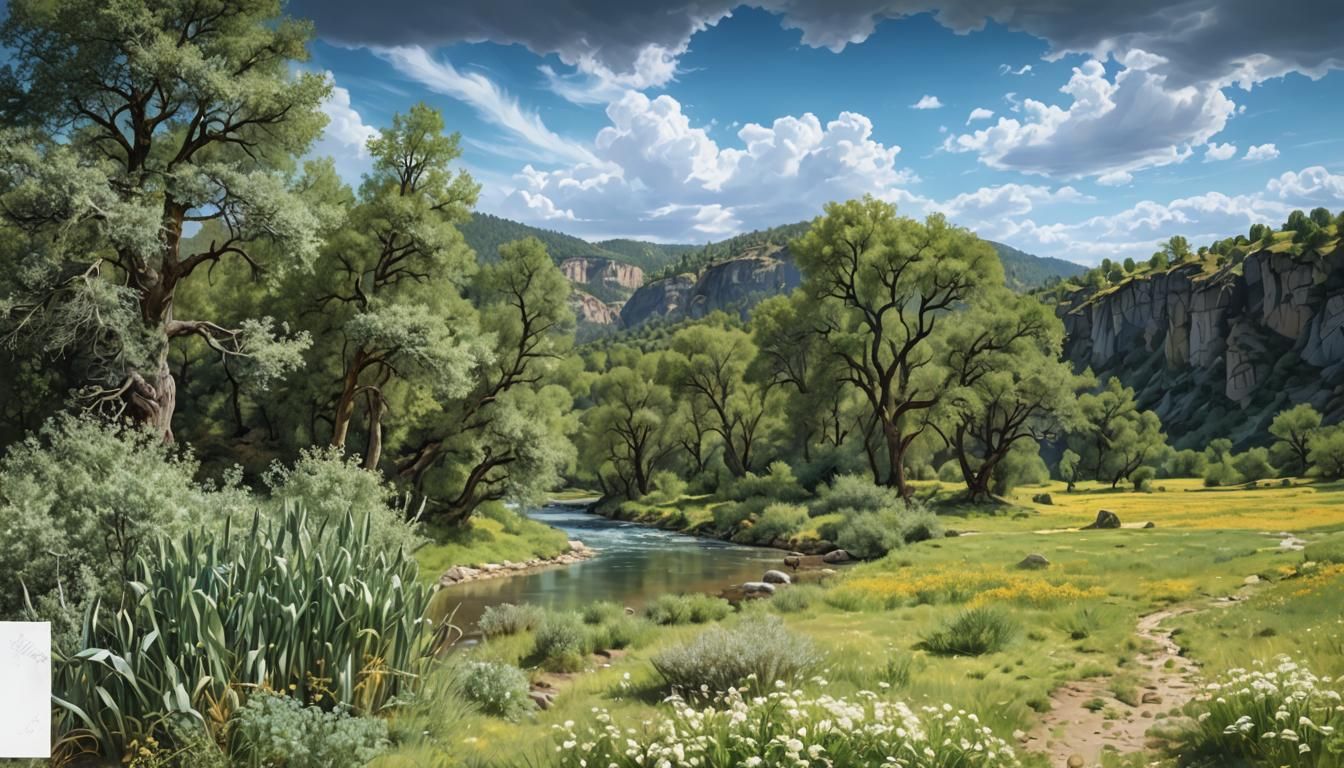 Dreamlike River Valley in Surrealist Oil Painting