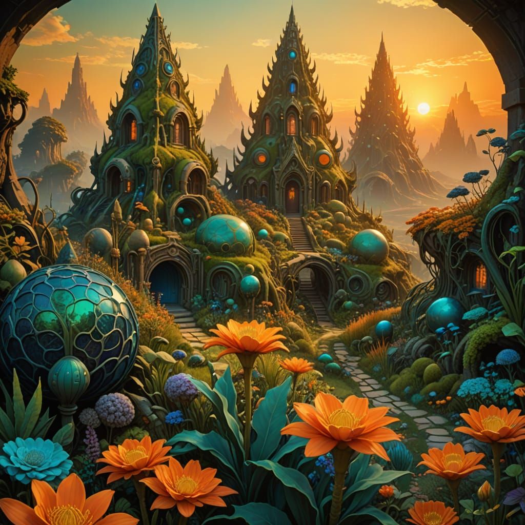 Exquisite Sunrise Garden with Gothic Archways