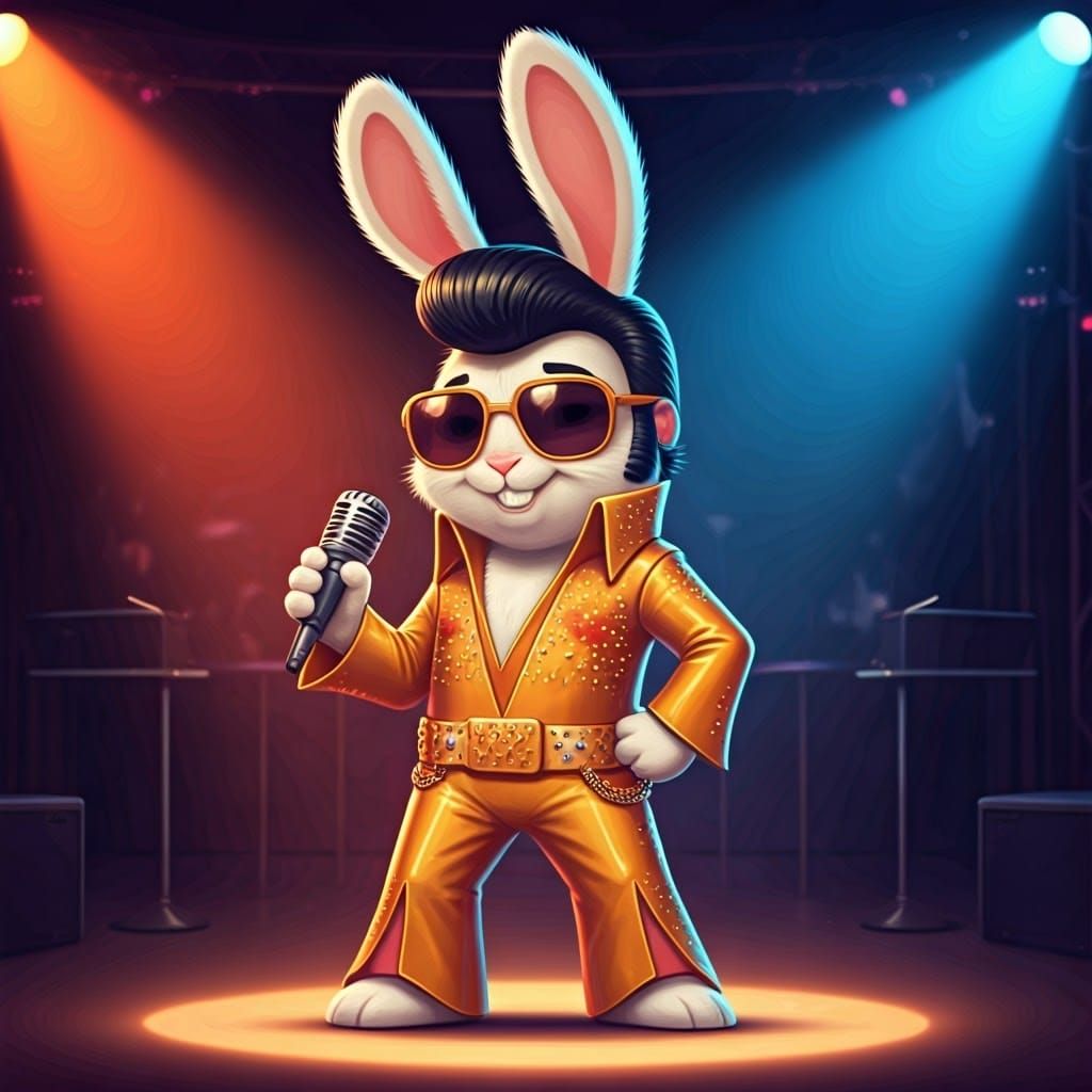 Elvis Bunny Impersonator in Concert, Cartoon Style