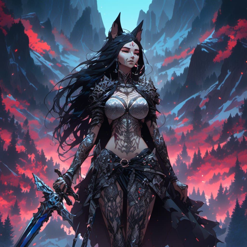 Anime Wolf Woman Warrior in a Mountain Landscape