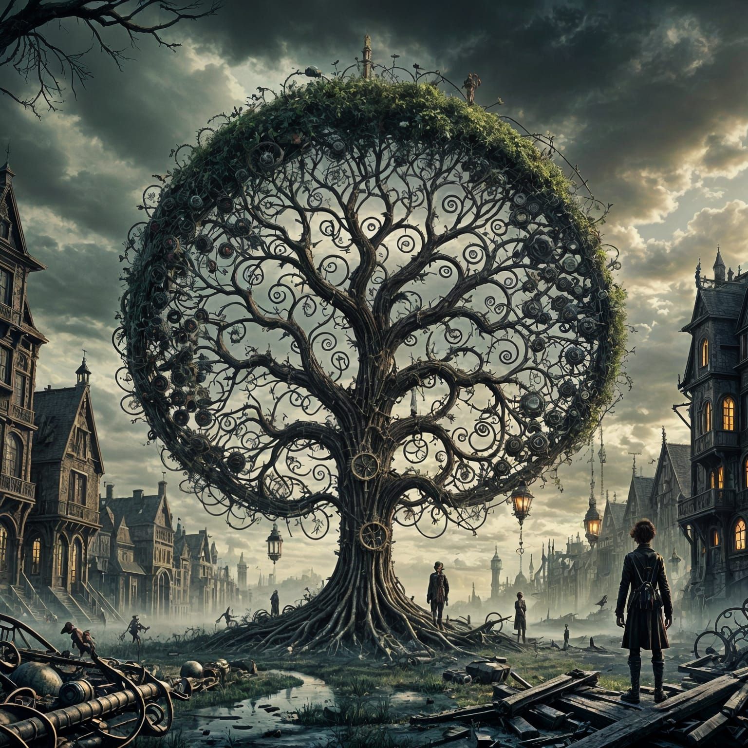 Dystopian Future: Lonely Tree in Gothic Steampunk Style
