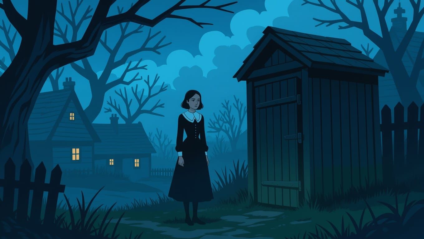 Victorian Girl in Eerie Village: Atmospheric Digital Art