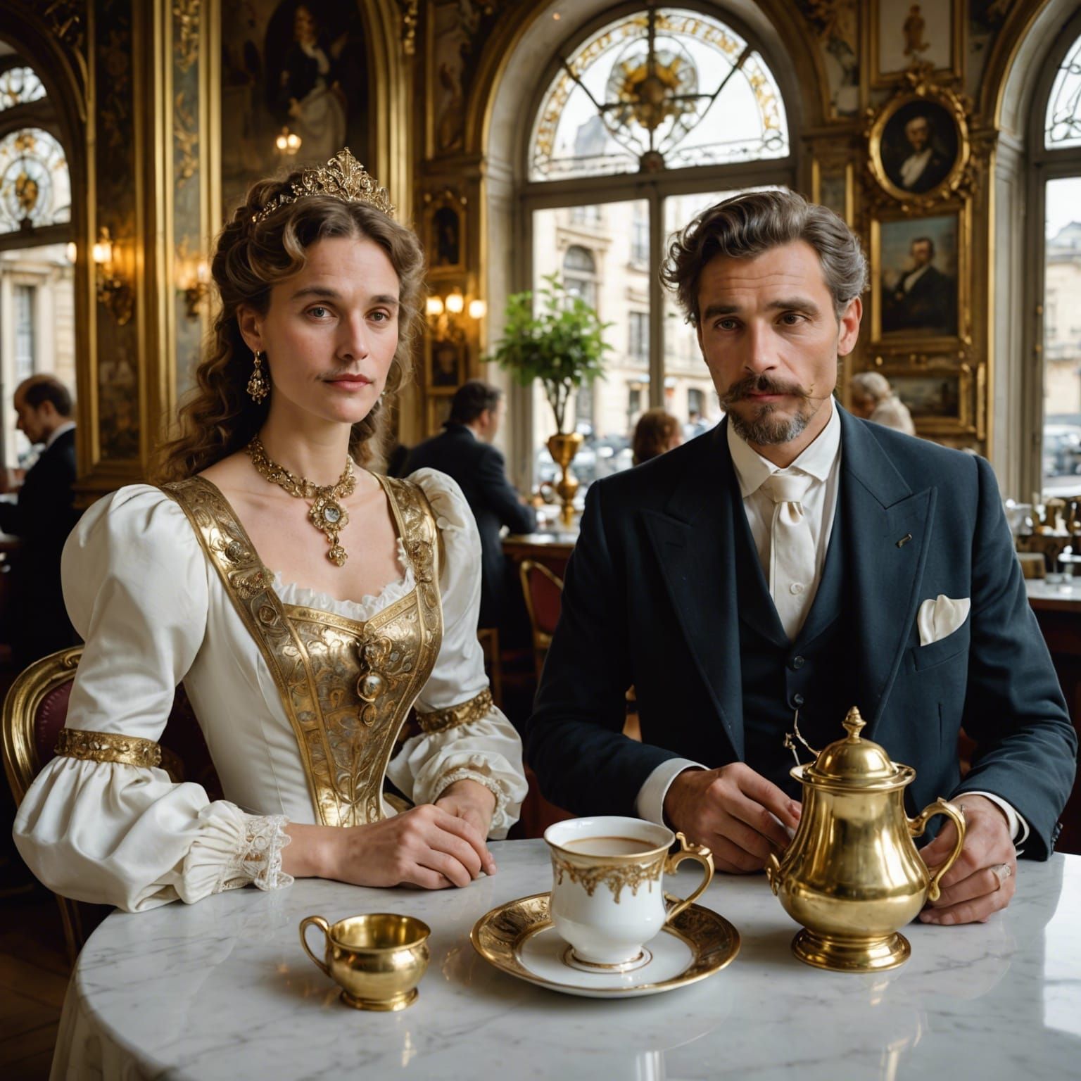 Parisian Cafe Scene with Noble Couple in Art Nouveau Style