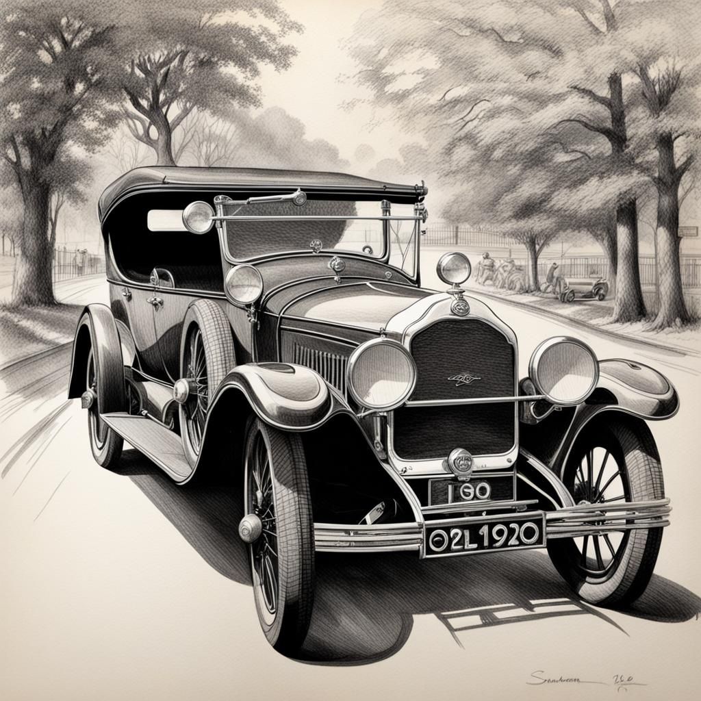 Detailed Pencil Sketch of 1920s Sunbeam Car
