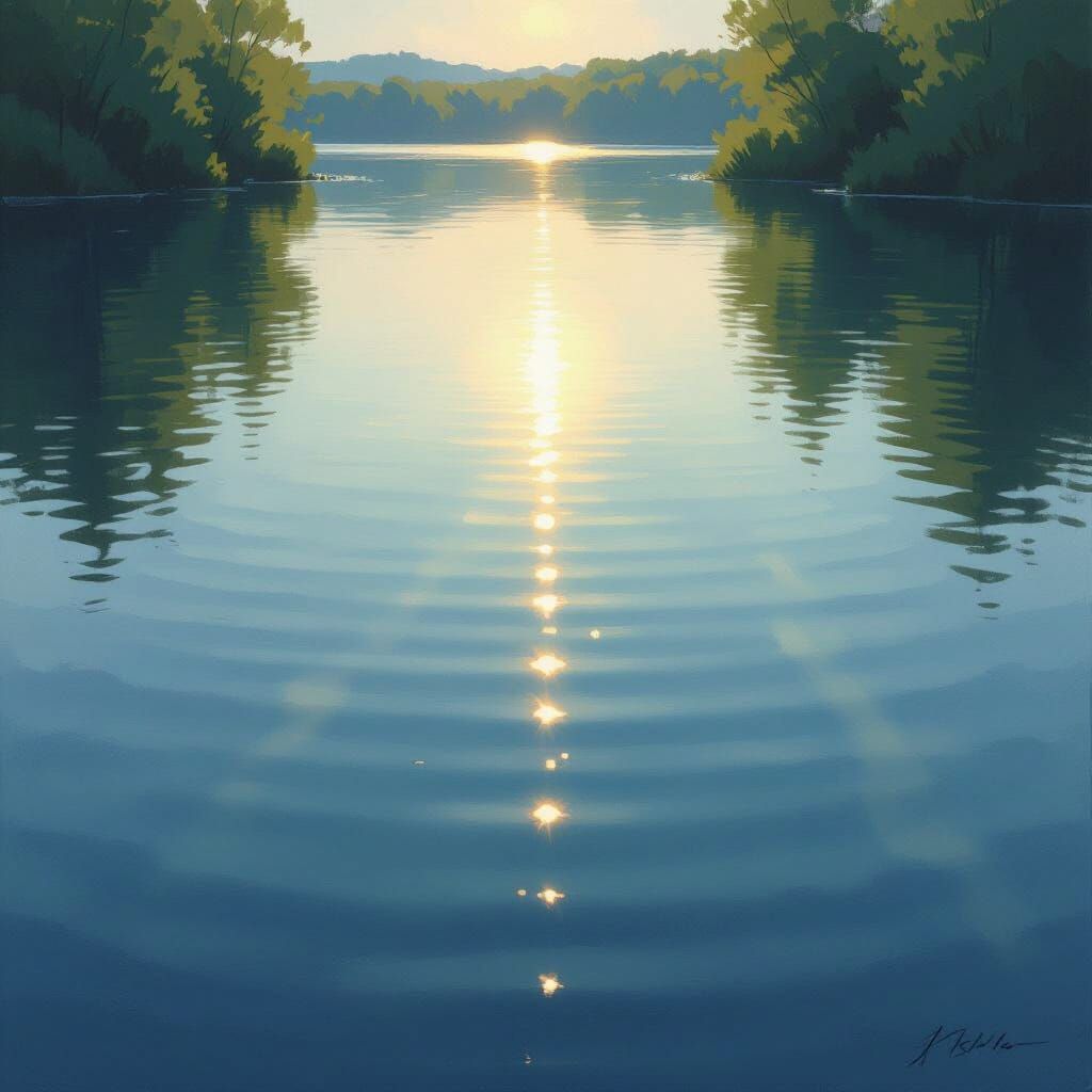 Serene Lake Reflections and Soft Shadows from Above