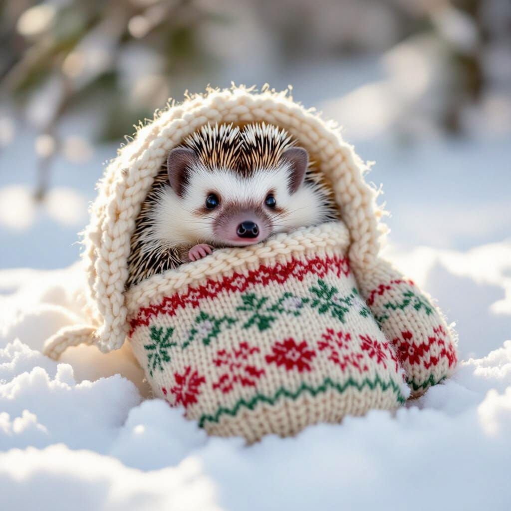 A tiny hedgehog curled up inside a large, hand-knitted mitte...