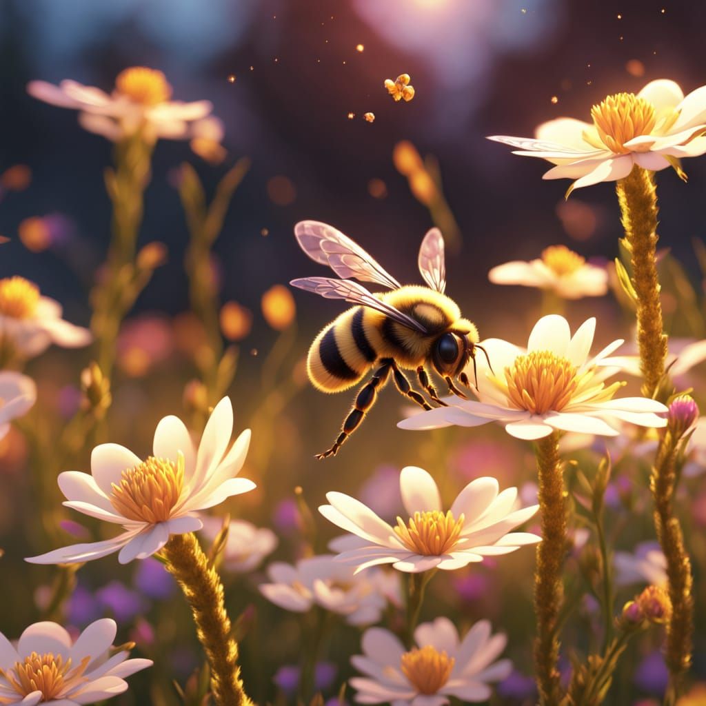Intricate Bee in Flower Field at Golden Hour