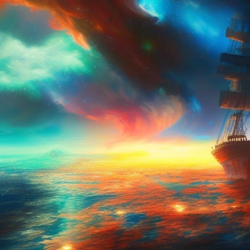 Colorful Corsair Ships Sailing Through Nebula
