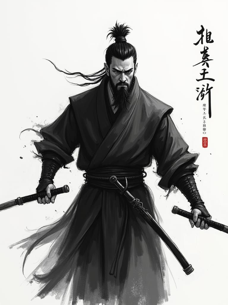 Chinese Ink Brush Art: Ancient Warrior Sketch