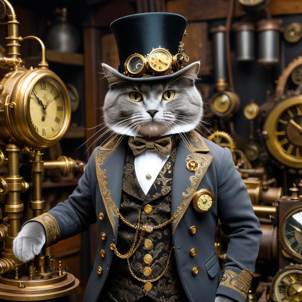 Steampunk Cat Inventor in Victorian Workshop