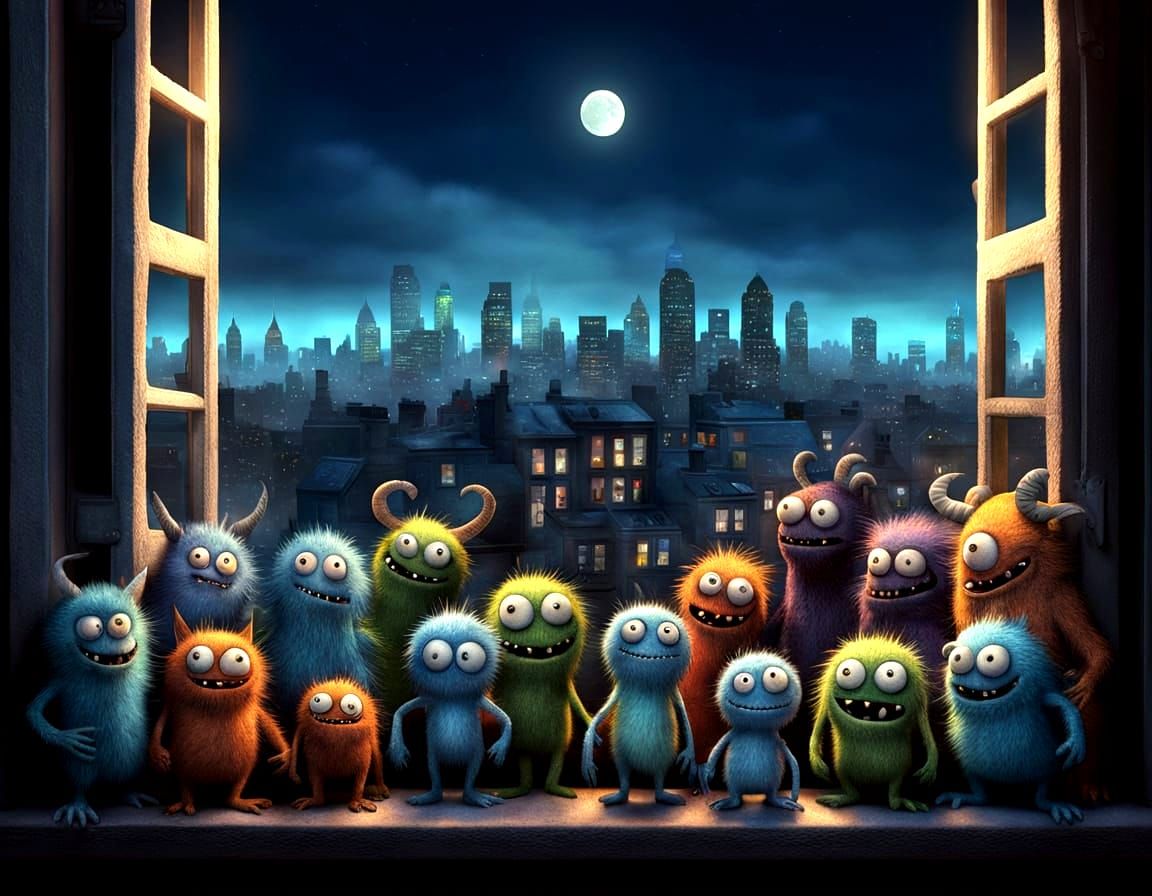 Whimsical Fantasy Creatures Gather on a City Window Sill