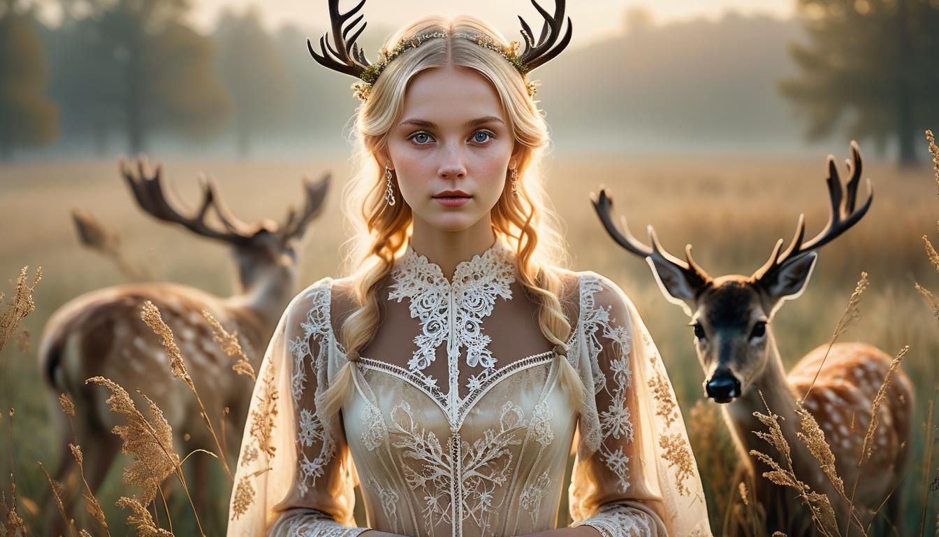 Woman and Deer in Field, Ethereal Style