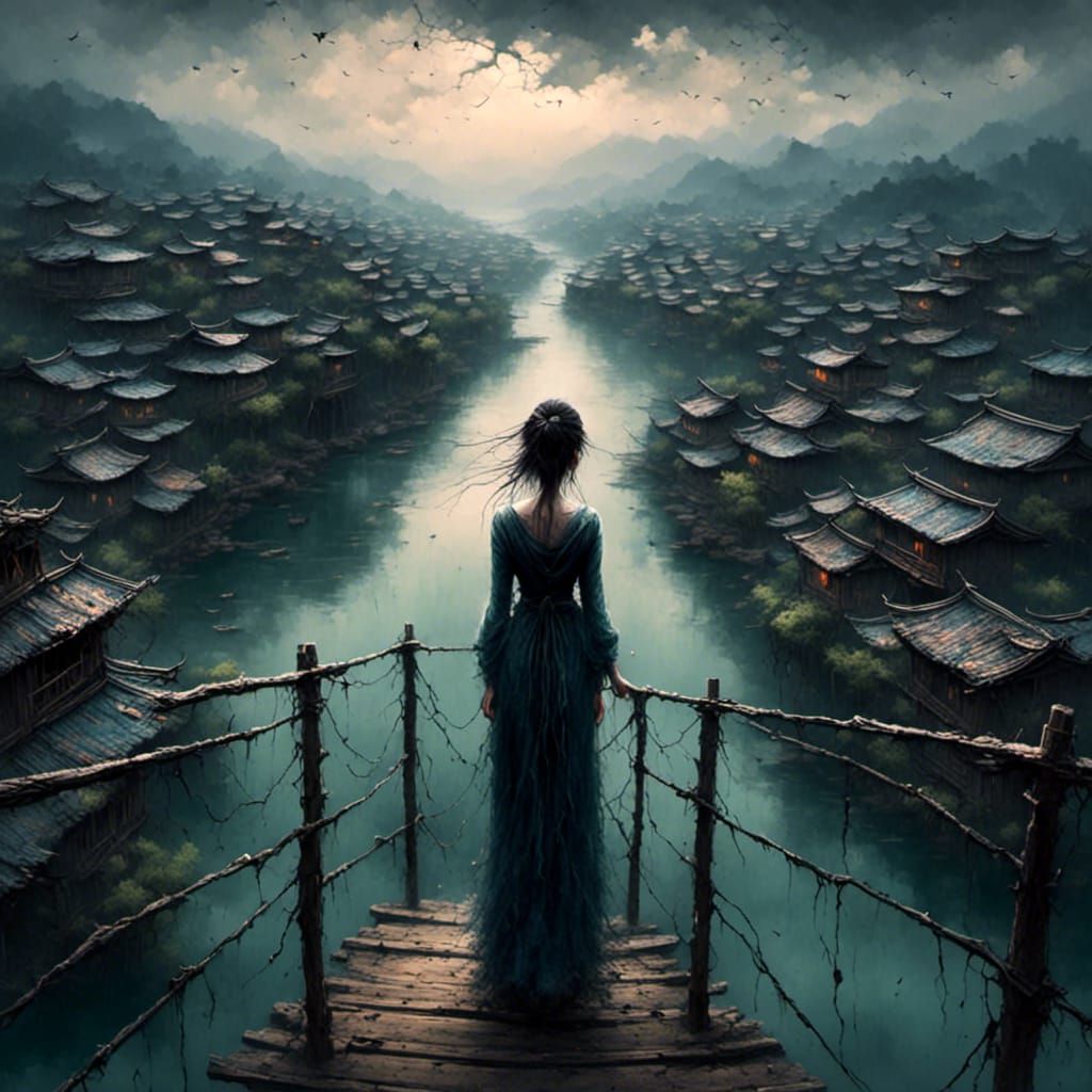 Woman Overlooking Guizhou Water Village