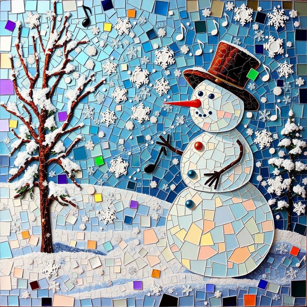Mosaic Snowman in Surreal Iridescent Jazz Style