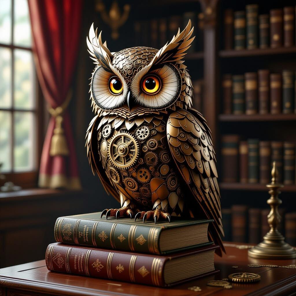 Clockwork Owl on Books in Victorian Study