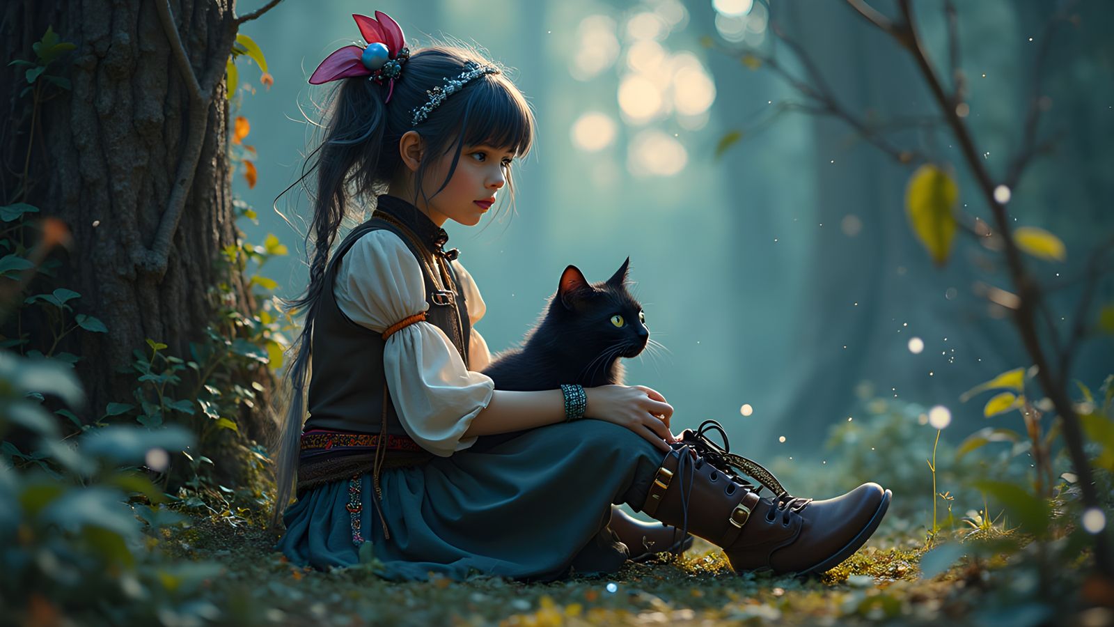 Girl and Kitten in Mystical Ethereal Forest