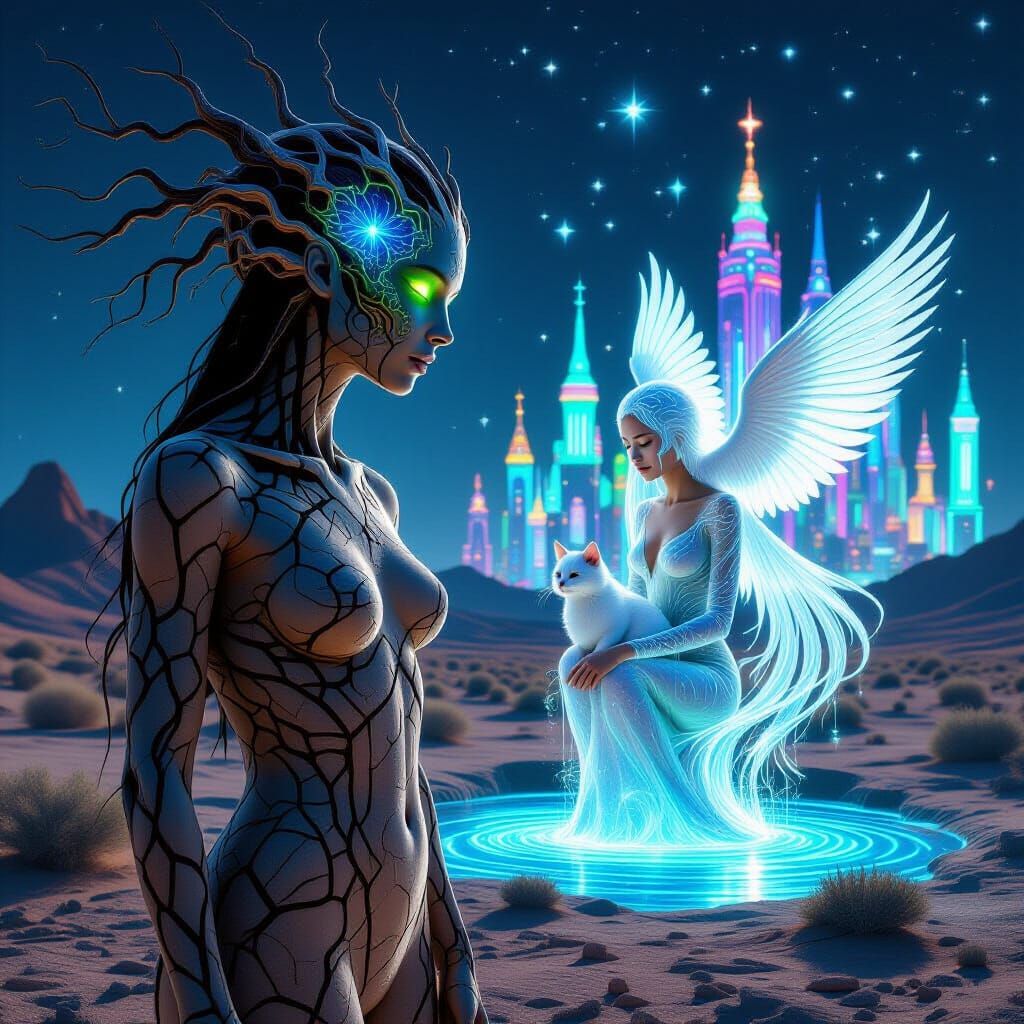 Bioluminescent Oasis Figure in Neon Mirage Landscape