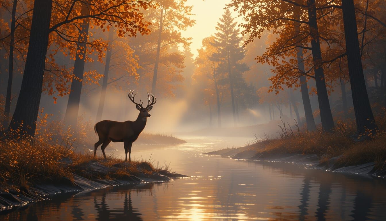 Majestic Deer in Misty Autumn Forest at Dawn