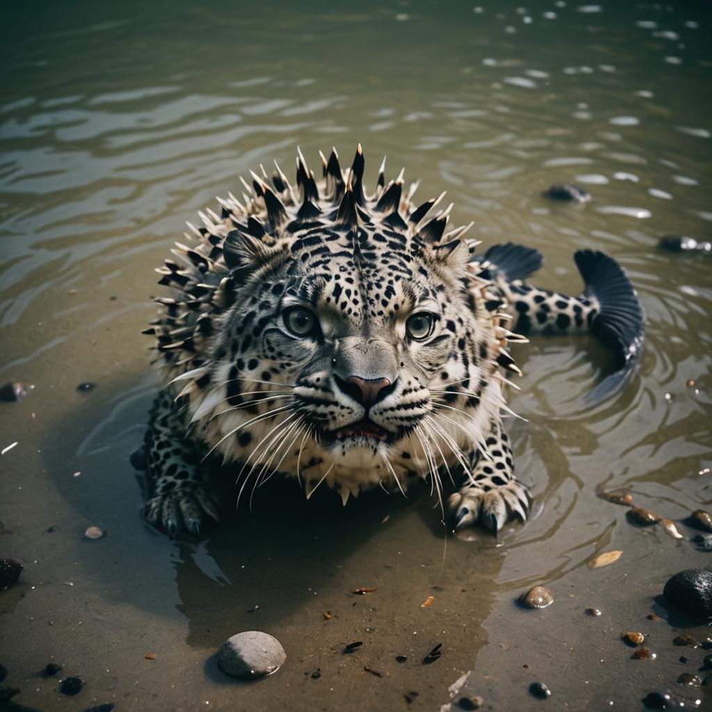 Hybrid Creature with Pufferfish Body in Water