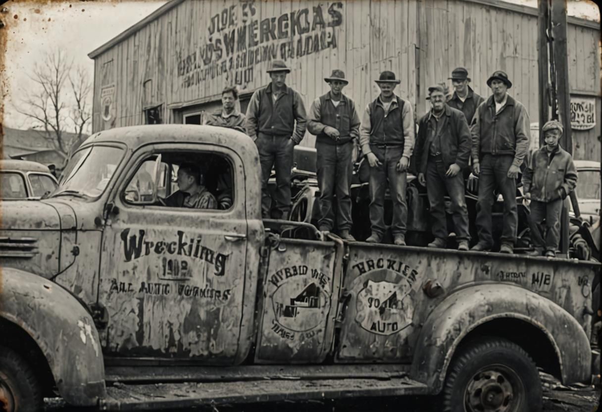 Wrecking Yard Workers on Tow Truck, Colourized Photo