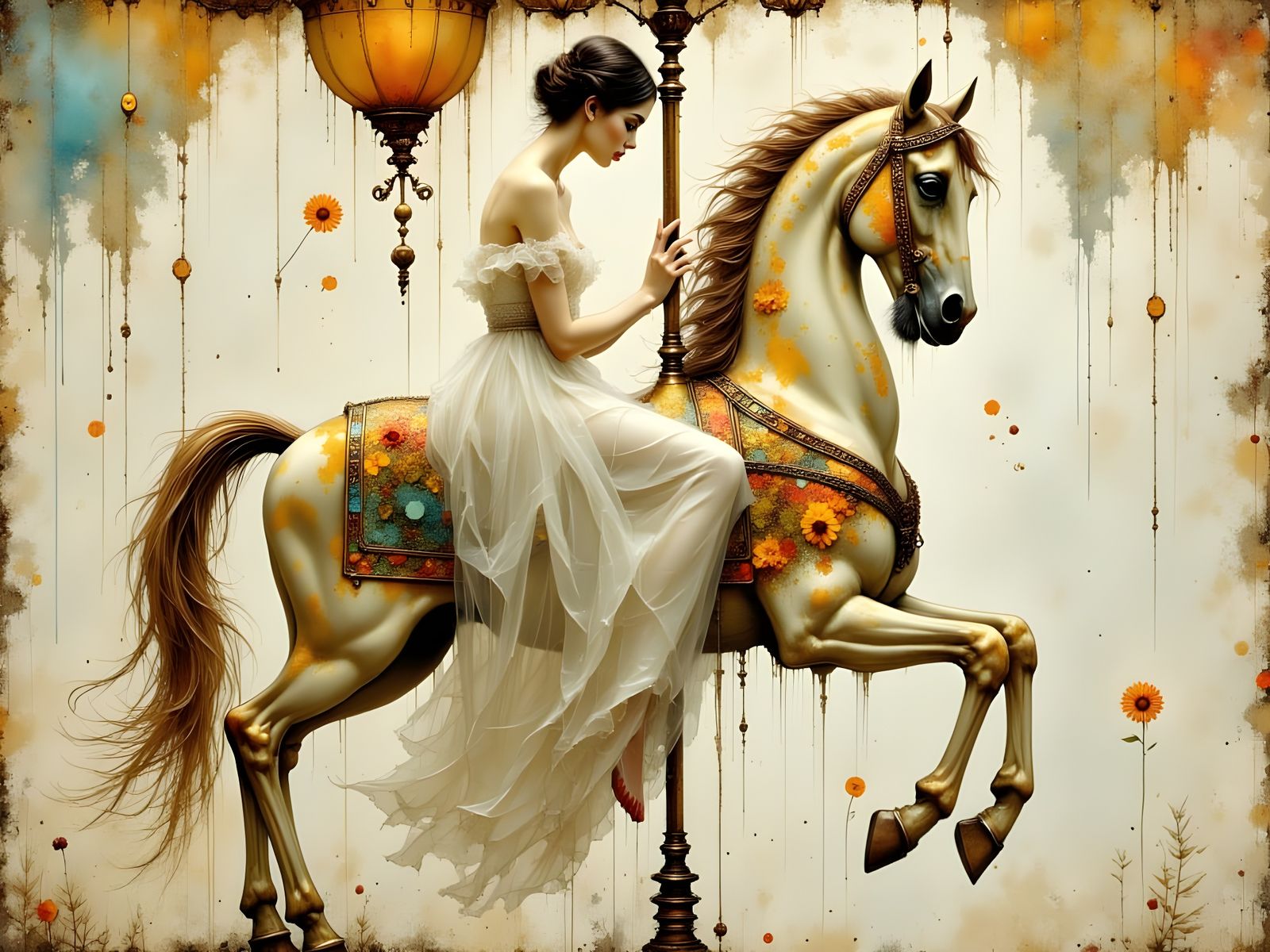 Ethereal Woman on a Carousel Horse in Exquisite Flux Style