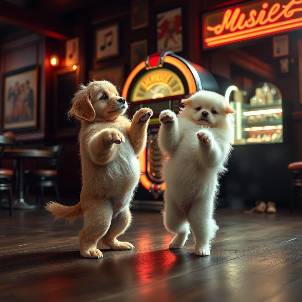 Dancing Puppies in Night Cafe, Hyperrealistic Art