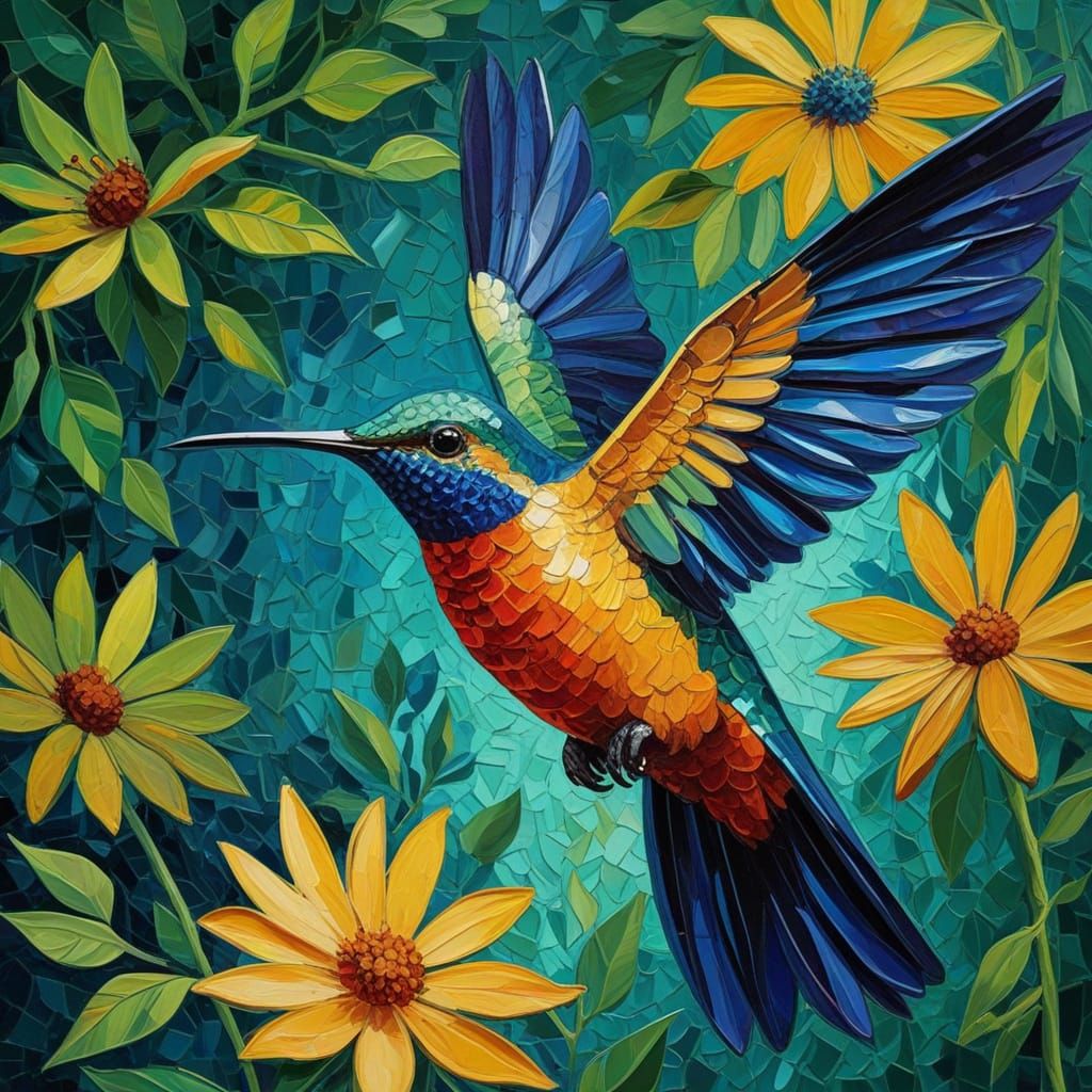 Vibrant Sequined Hummingbird in Impasto Oil Painting