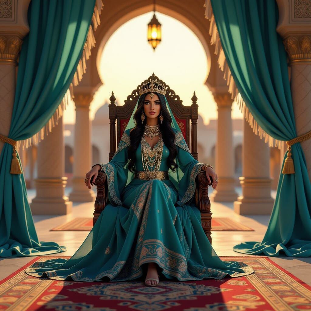 Arabian Queen in Temple with Cyan and Gold Drapes