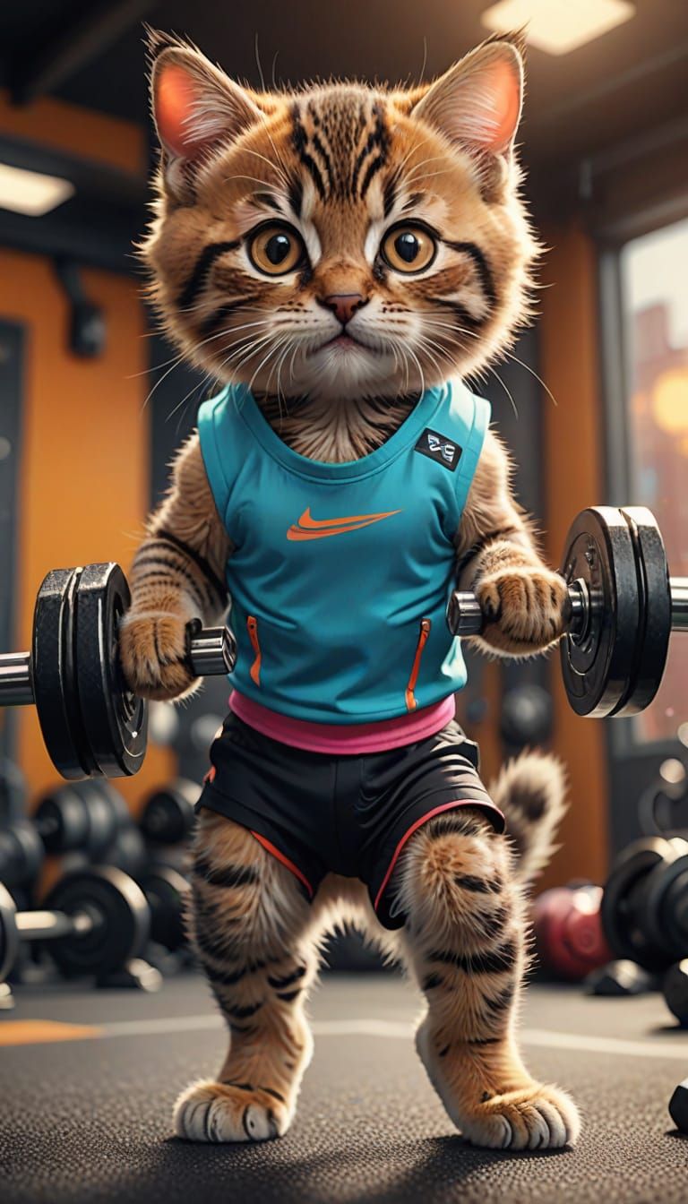 Kitten Athlete in Sporty Outfit, Lifting Dumbbells in Vibran...
