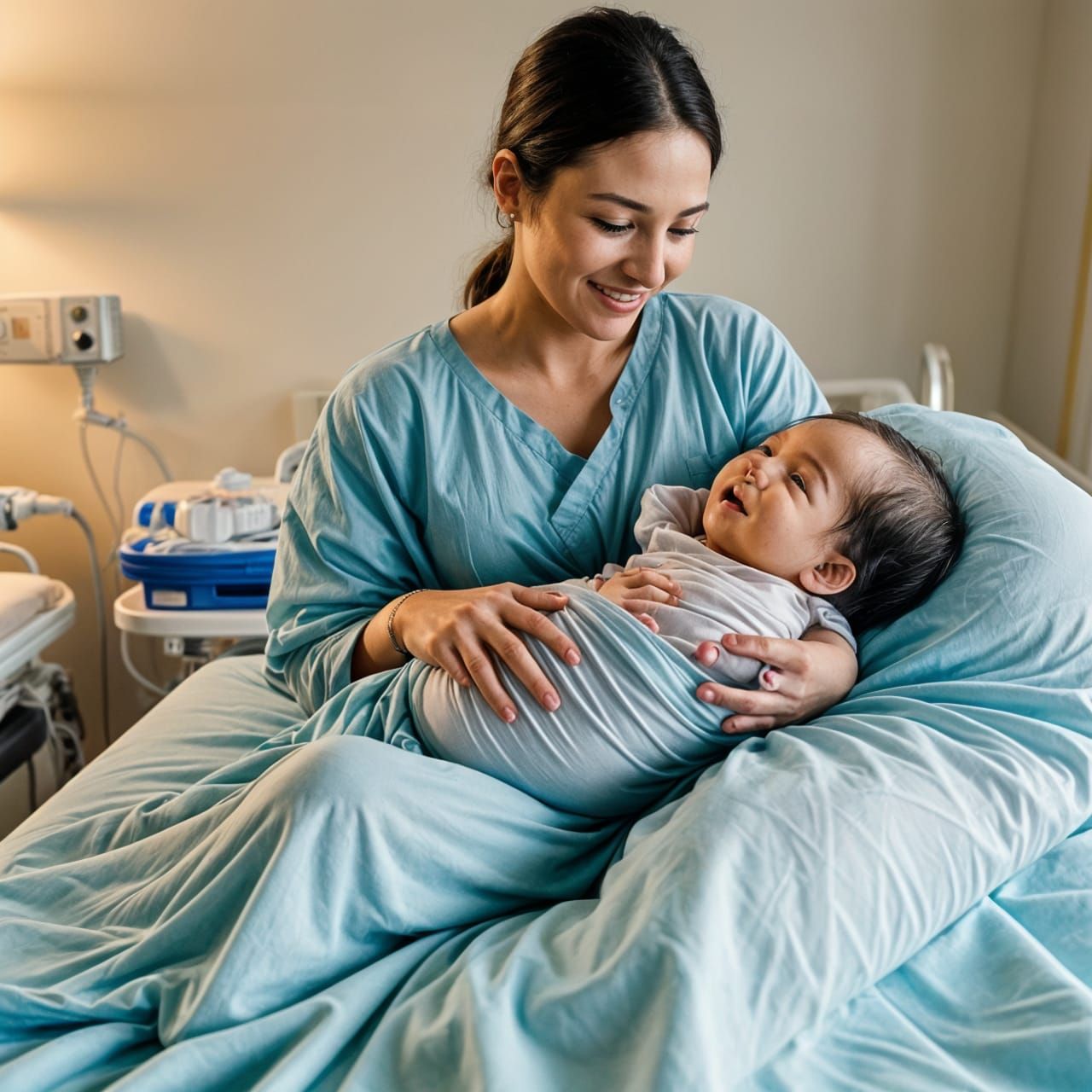 Mother Holds Infant Son in Hospital Delivery Room