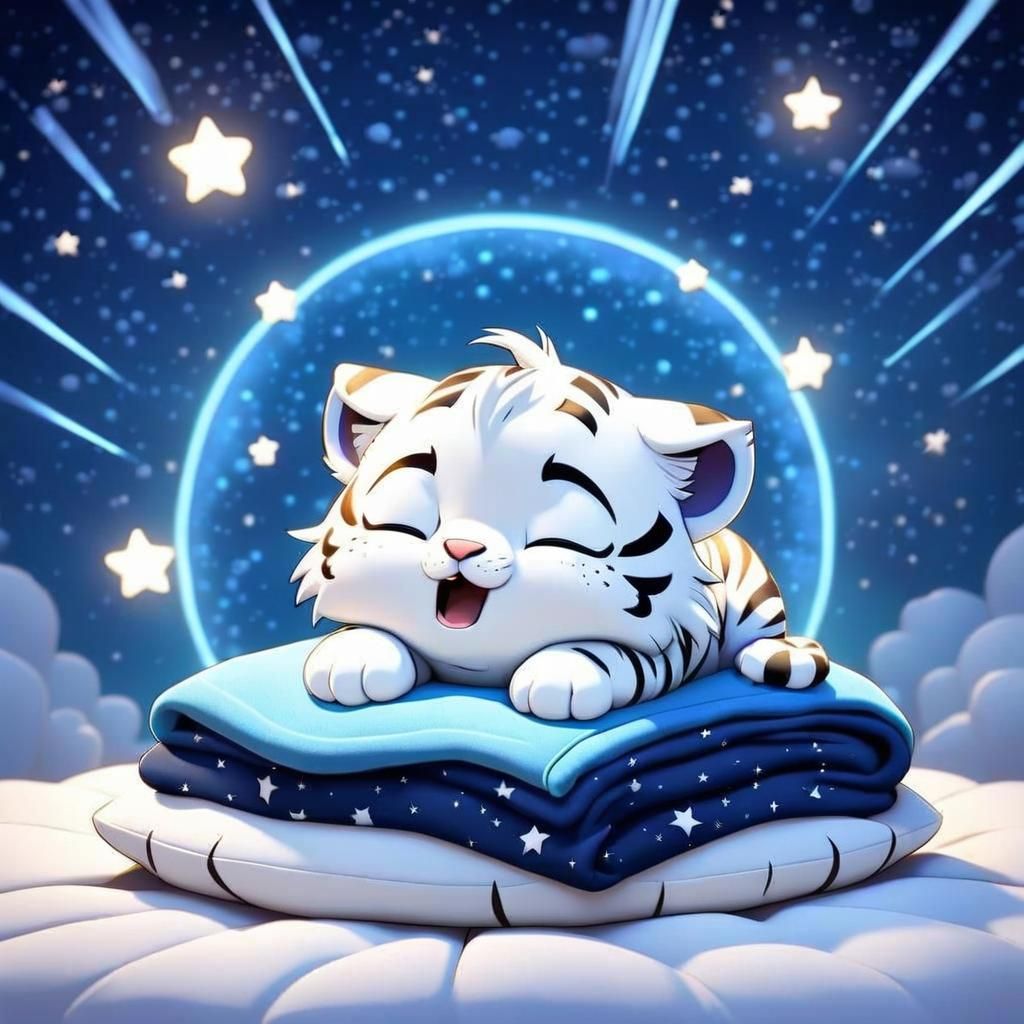 Cute Chibi Tiger Cub Snoring Under Starry Sky