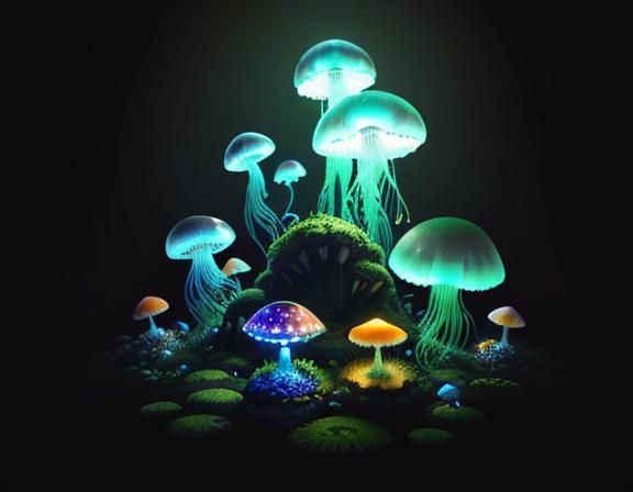 Misty Toadstool Kingdom with Floating Jellyfish