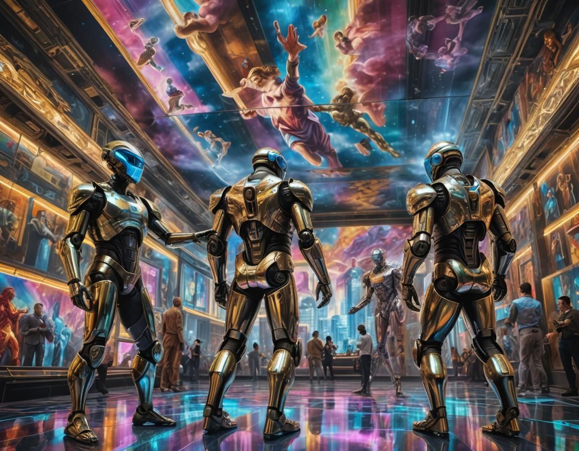Cyberpunk Sistine Chapel with Androids in Metallic Suits