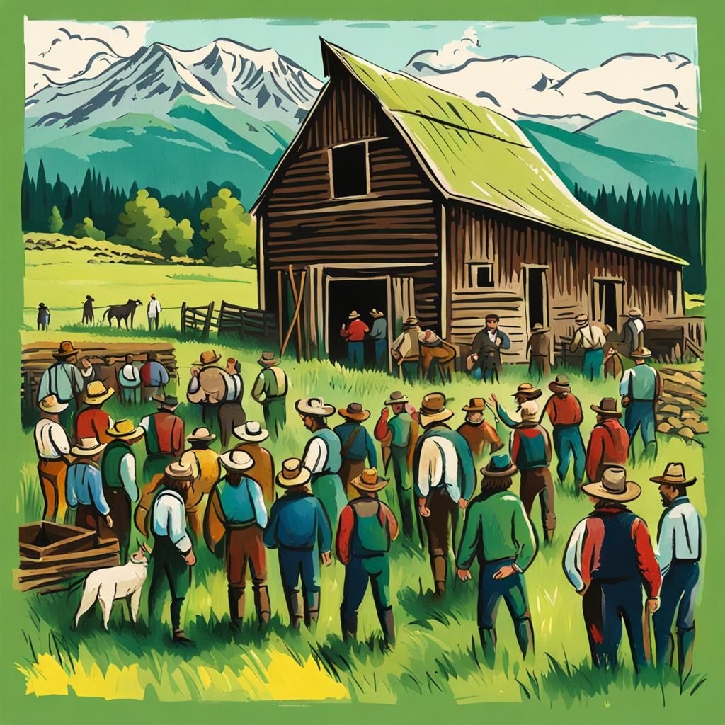 Pioneer Barn Raising: Vintage Hand-Drawn Scene