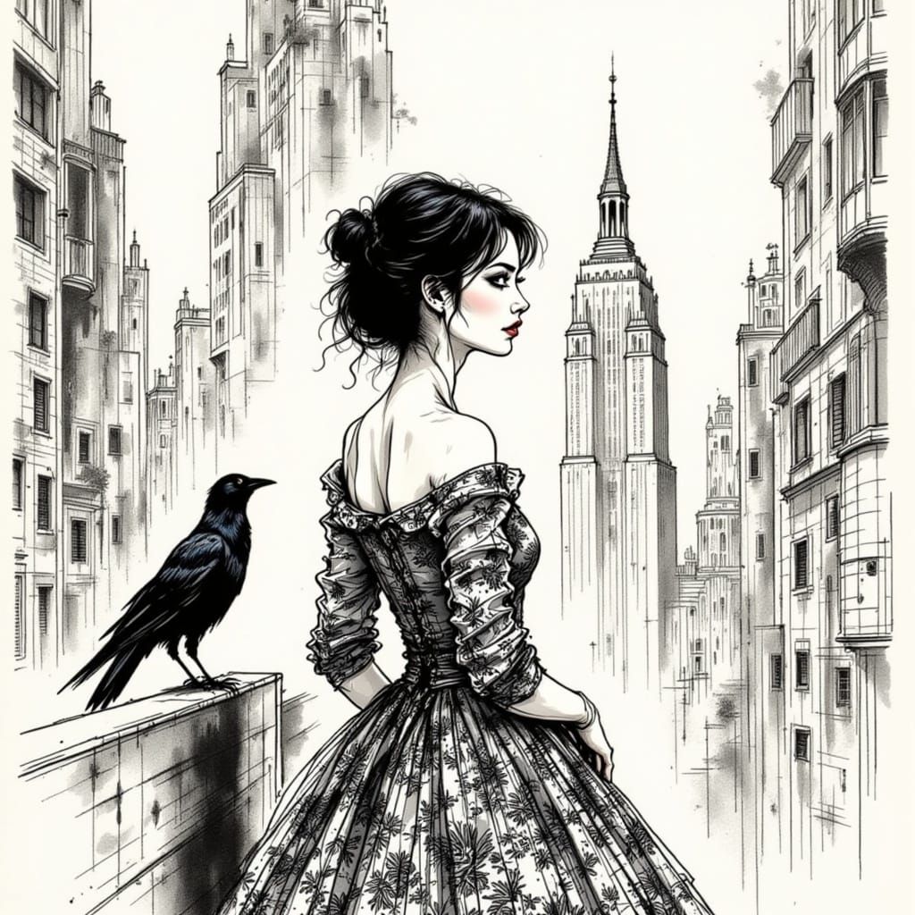 Ethereal Victorian Woman in Japanese-Inspired Cityscape