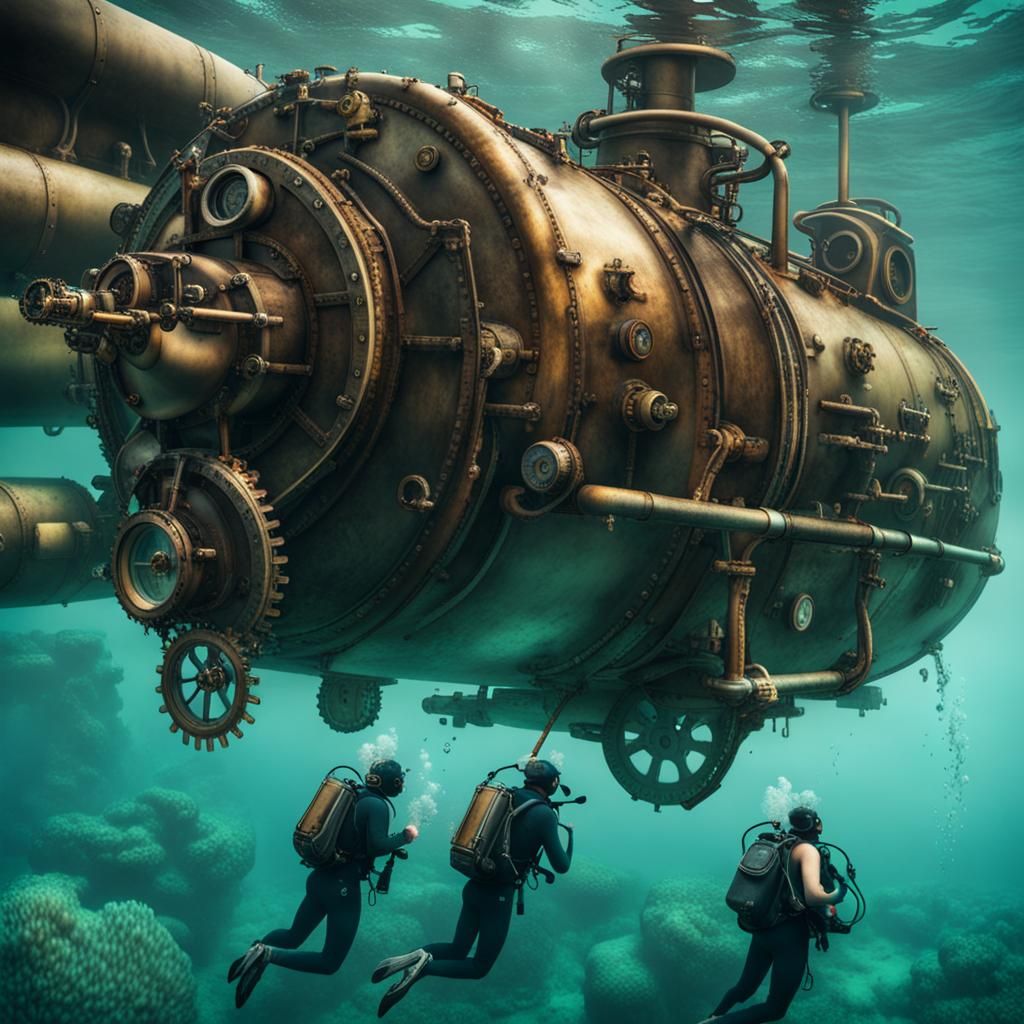 Steampunk Submarine with Divers Underwater Adventure