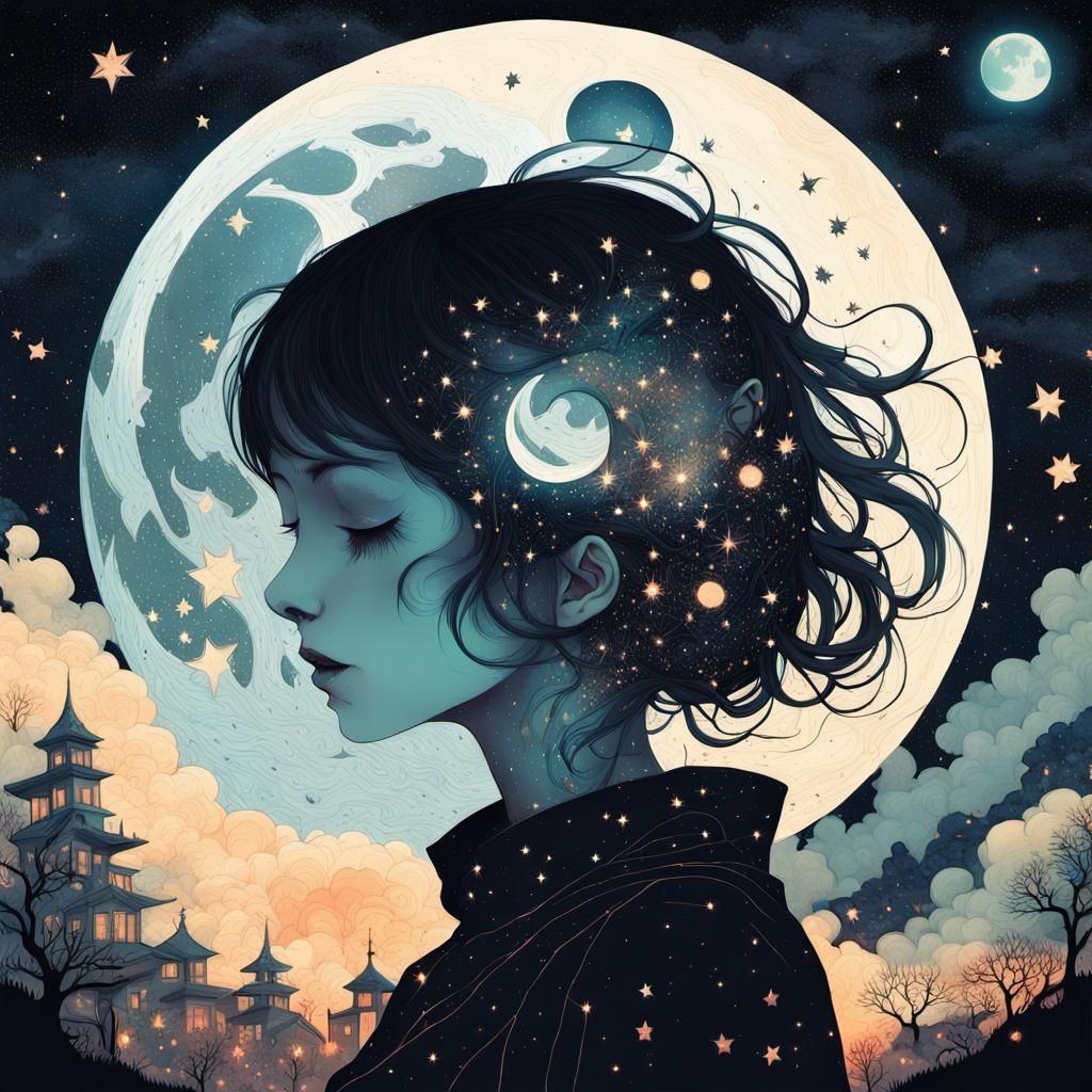 Macabre Starry Night Collage in Surrealist Style