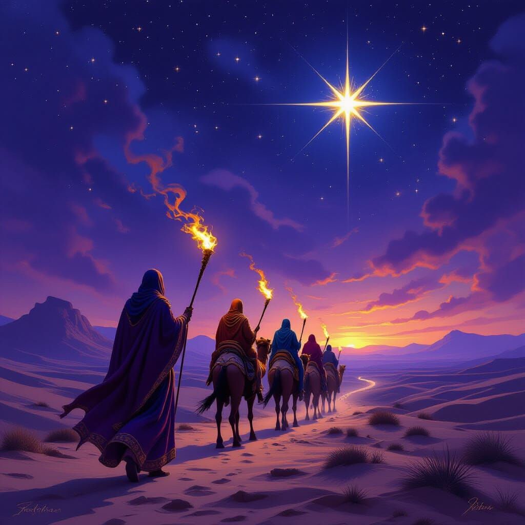 Magi Following Star to Manger in Epic Fantasy Style