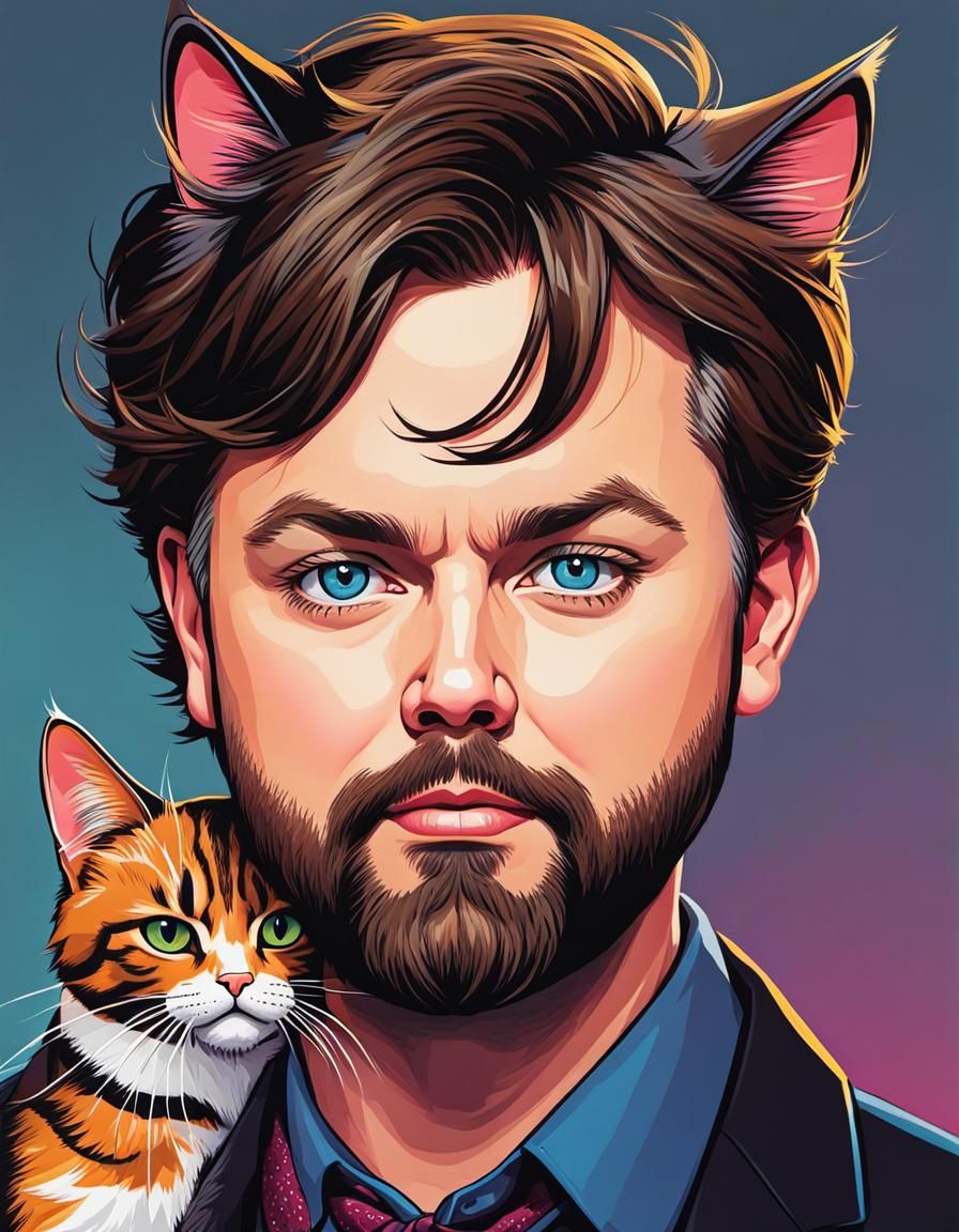 Comical Cartoon Portrait of Man with Unhappy Cat
