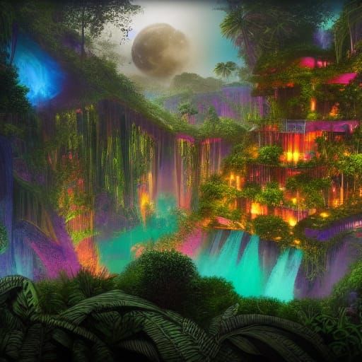Psychedelic Cyberpunk Mansion in Jungle Moonlight