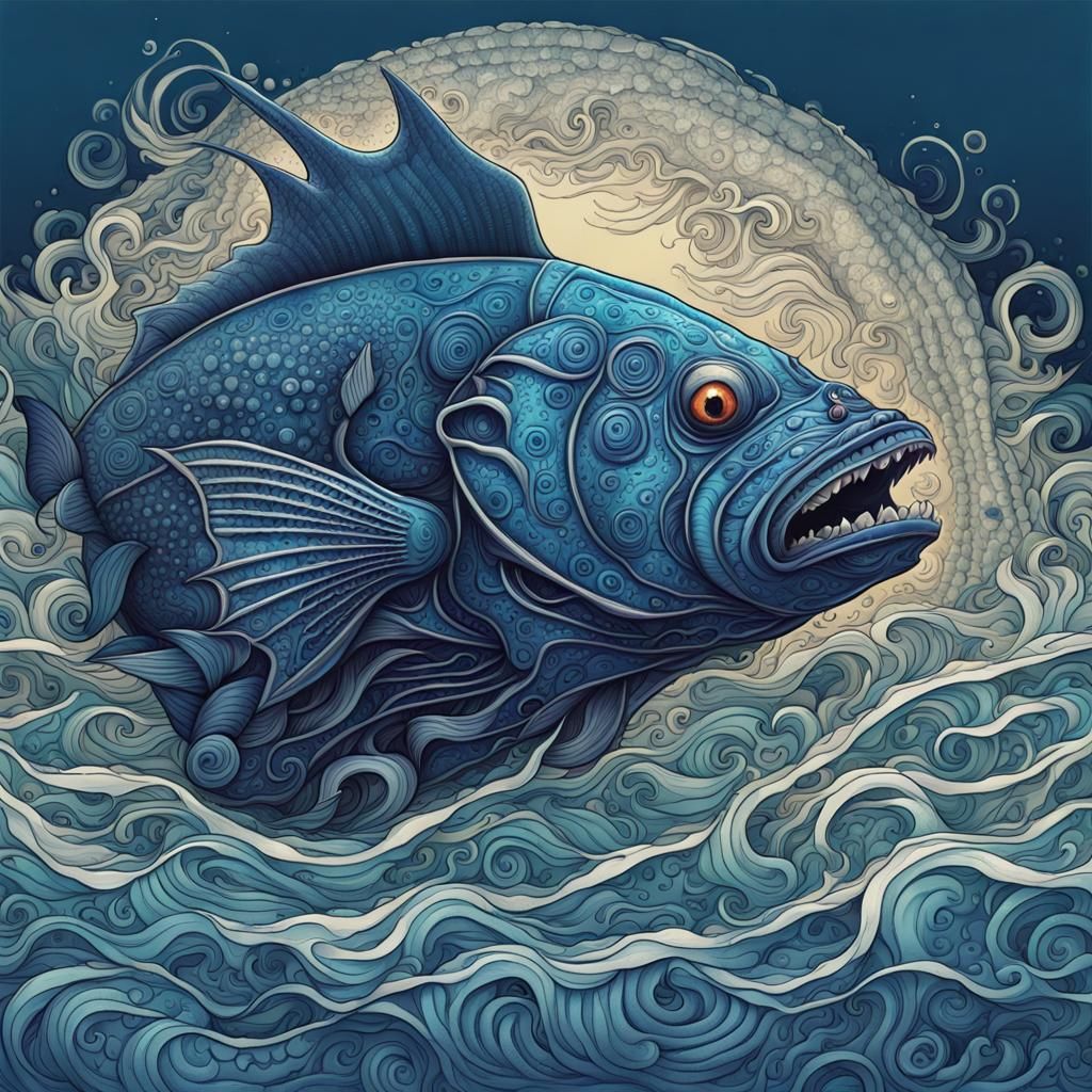 Giant Monster Fish in Deep Blue Ocean: Retro Sci-Fi Art