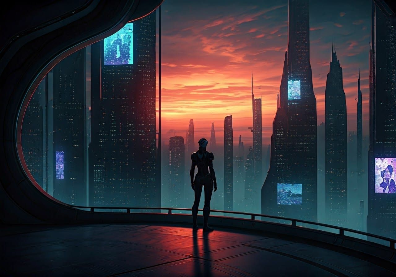 Asari Overlooking Illium in a Cyberpunk Cityscape