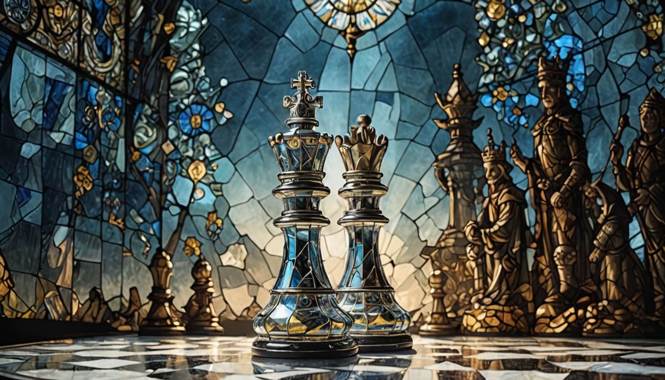 Stained Glass Chess Pieces in Eerie Sunlight