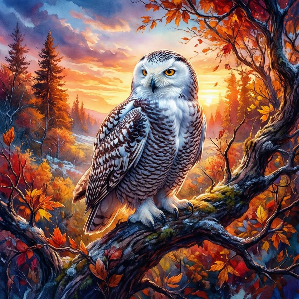 Snowy Owl on Autumn Branch Watercolor Masterpiece
