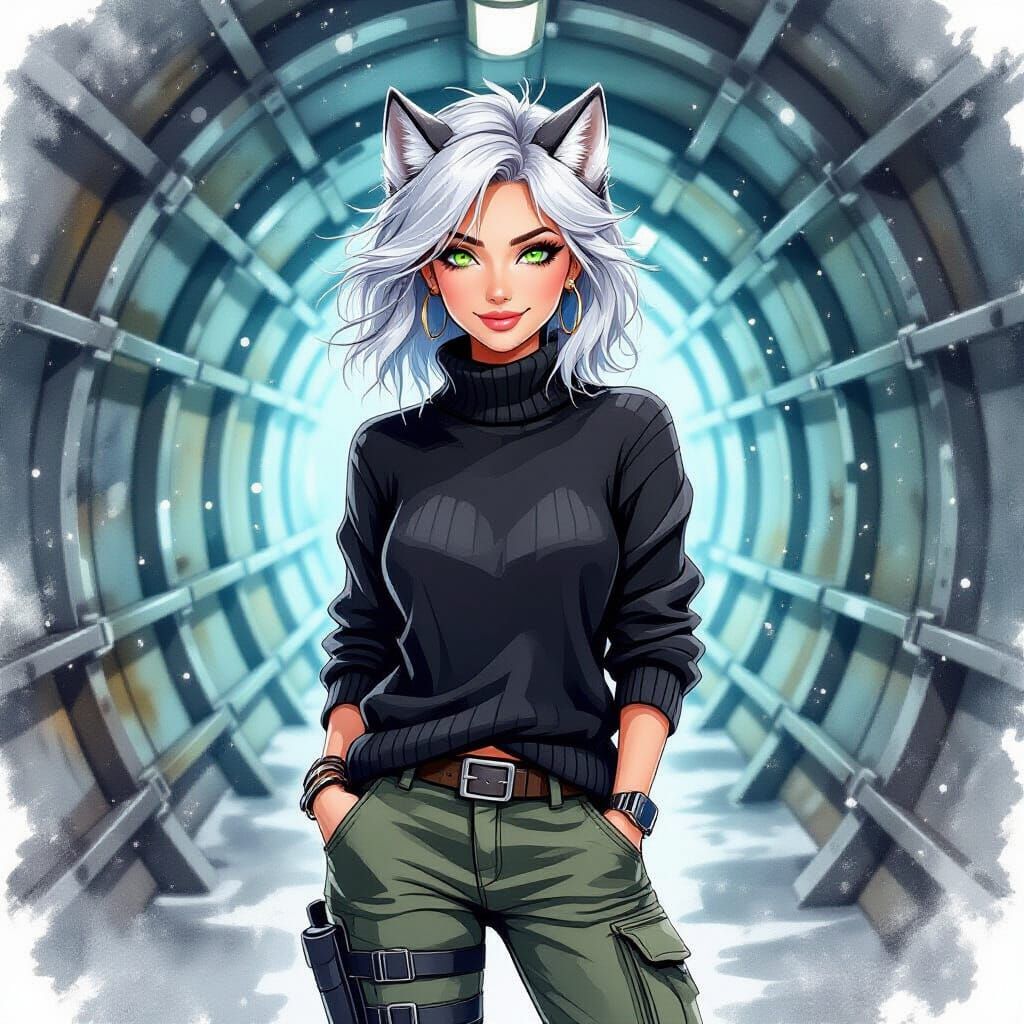 Woman with Wolf Cut in Watercolor Style