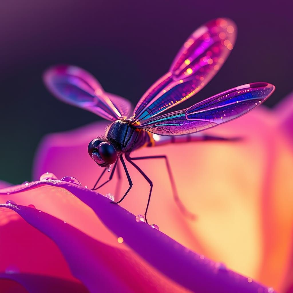 Macro Dragonfly on Purple Rose, Digital Art
