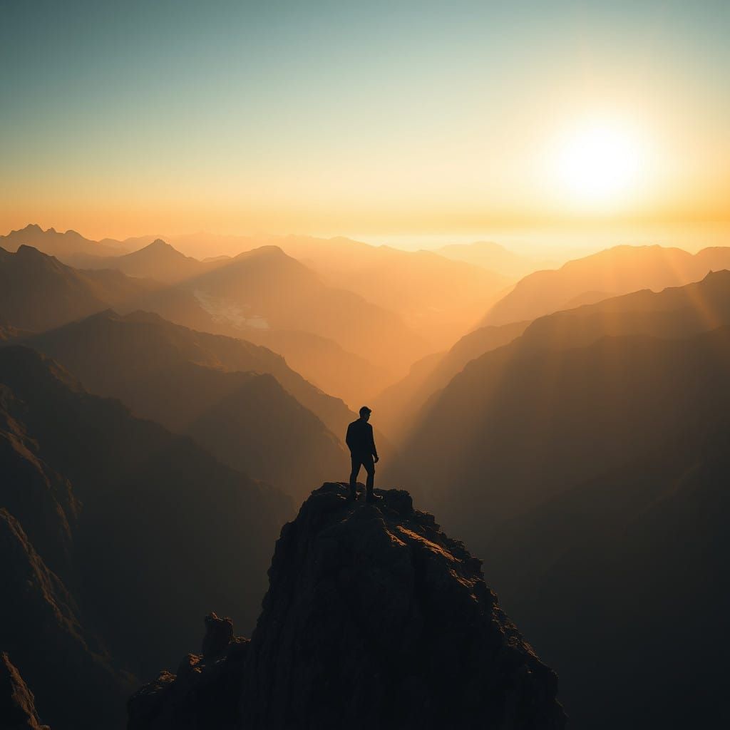 Poised Figure on Majestic Mountain Range