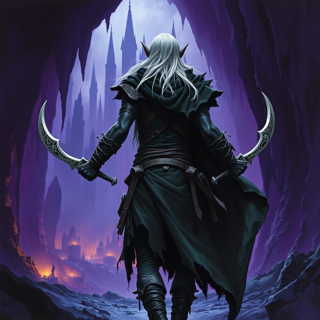 Dark Elf Warrior Approaches Foreboding City in Gothic Fantas...